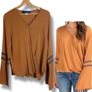 BLUE RAIN 'Ella' Caramel Pom-Trimmed Wrap Style Bell Sleeve Boho Top